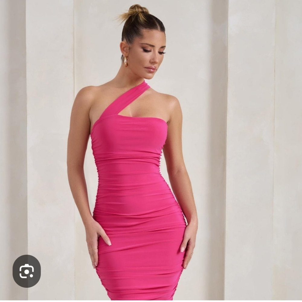 Club L London Pink Asymmetrical Ruched Bodycon Dress